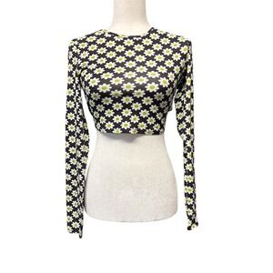 Glamorous 60's Y2K Flower Jersey Crop Top Black White Green Daisy Size 6 NWT